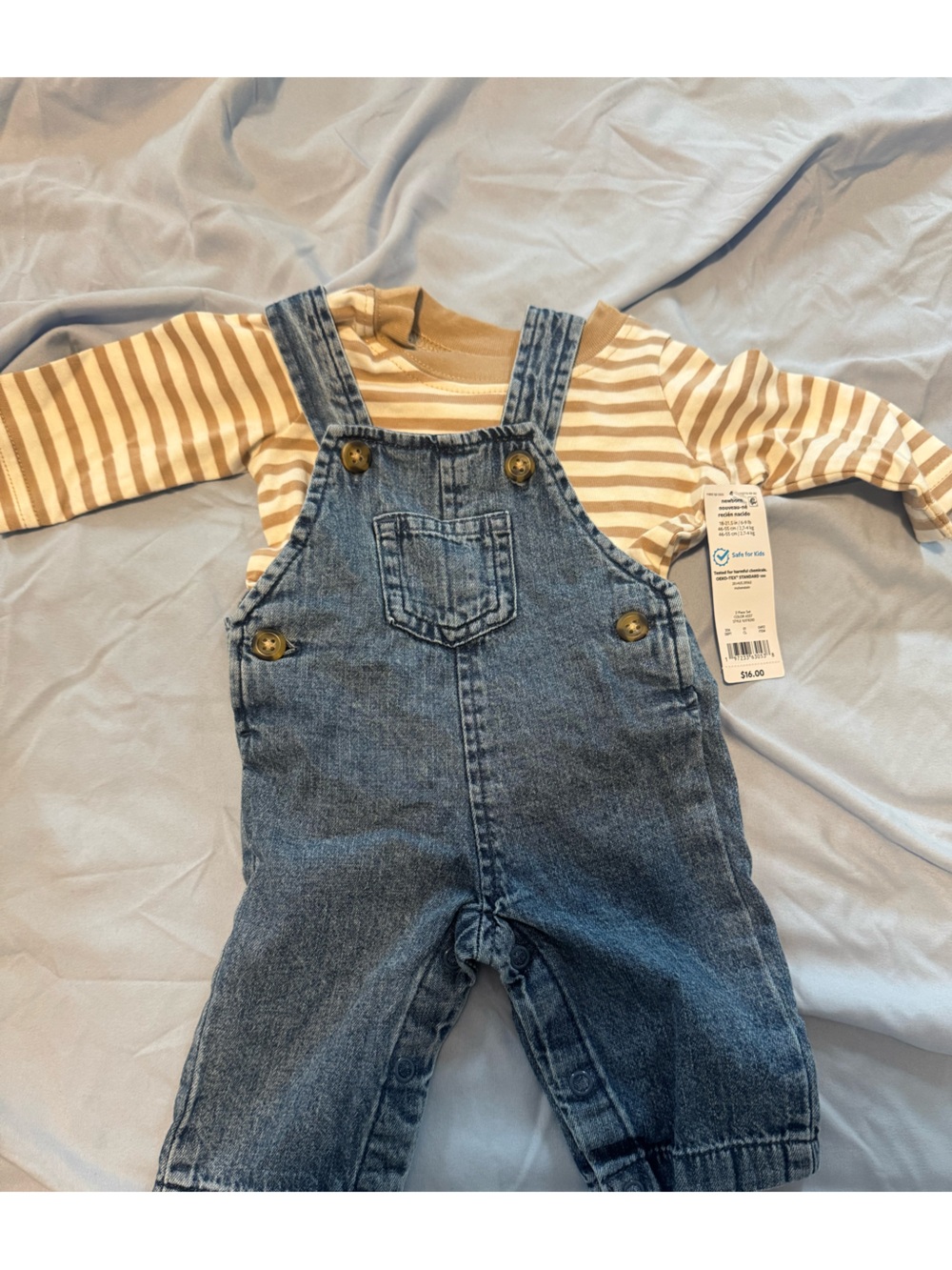 Carter's Blue Denim Baby Overalls with Tan-Striped Top